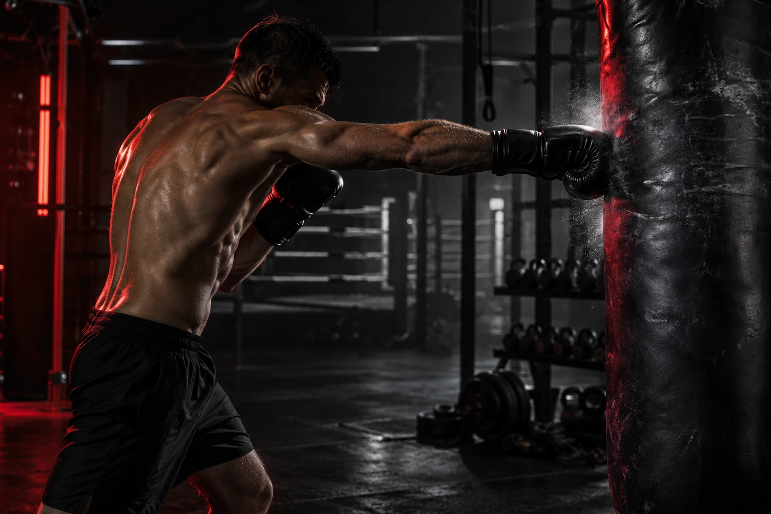 Boxer training with a heavy bag in a dramatically lit gym